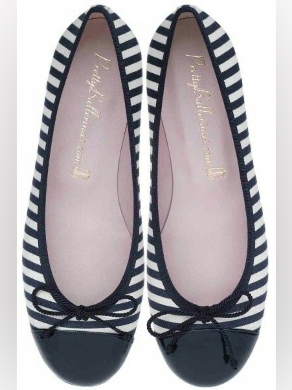Pretty Ballerinas Navy and White Striped Ballet Flats with Black Cap Toe